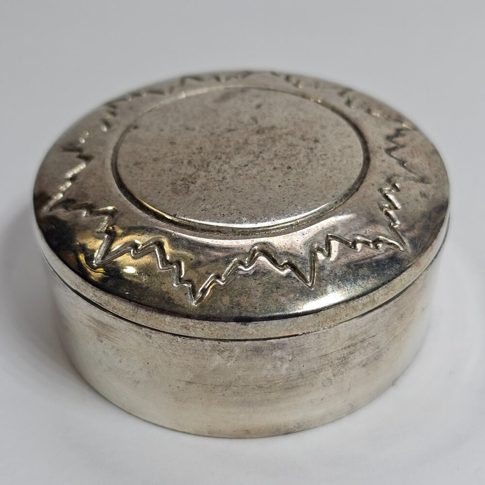 AVON Silver Plated Sun Design Trinket Keepsake Box Blue Velvet Lining Vintage